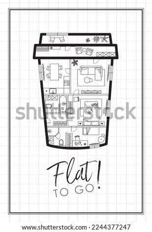 Construction drawing in to go cup of coffee silhouette, living room, bathroom, kitchen, bedroom with lettering flat drawing on white background.