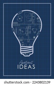 Construction drawing in lightbulb silhouette, living room, bathroom, kitchen, bedroom with lettering apartment ideas drawing on blue background.
