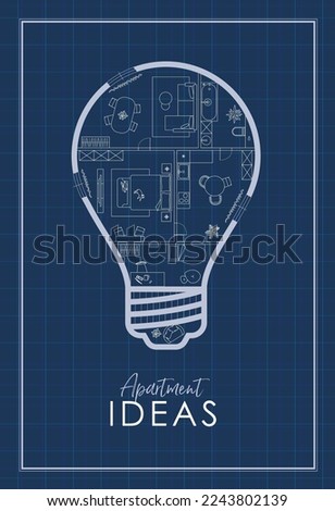 Construction drawing in lightbulb silhouette, living room, bathroom, kitchen, bedroom with lettering apartment ideas drawing on blue background.