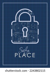 Construction drawing in lock silhouette, living room, bathroom, kitchen, bedroom with letteringsafe place drawing on blue background.