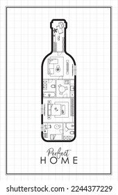 Construction drawing in wine bottle silhouette, living room, bathroom, kitchen, bedroom with lettering perfect home drawing on white background.