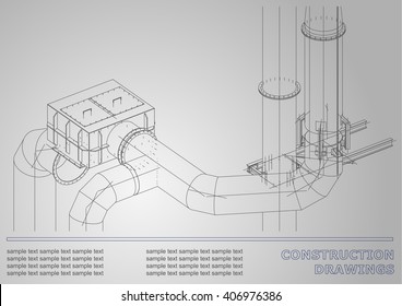 Construction drawings. 3D metal construction. Pipes, piping. Cover, White background for inscriptions. Corporate Identity. Gray