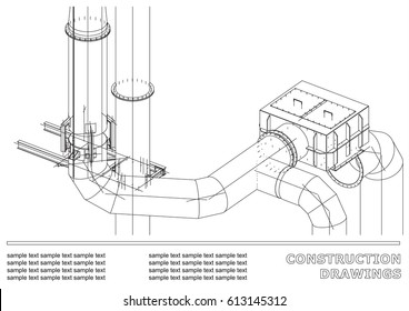 Construction drawings. 3D metal construction. Pipes, piping. Cover, background for text. Black and white