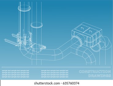 Construction drawings. 3D metal construction. Pipes, piping. Cover, background for text. Blue and white