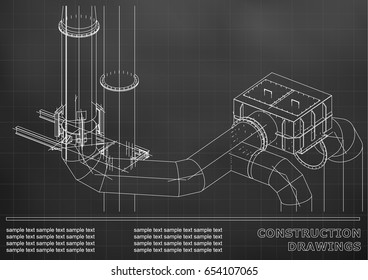 Construction drawings. 3D metal construction. Pipes, piping. Cover, background for text. Black. Grid