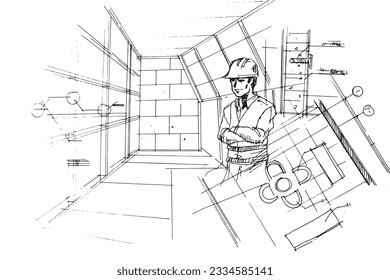 construction drawings and engineers ,a line drawing Using interior architecture, assembling graphics, working in architecture, and interior design