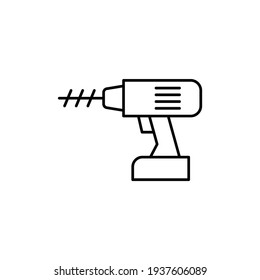 Construction drill icon, engineering equipment icon in flat black line style, isolated on white background 