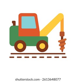 Construction drill vehicle on white background. Colorful flat-style illustration of construction drilling machine on tracks, designed in a playful style for kids or infographics