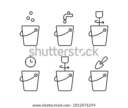 Construction dry powder instruction. Process of preparation building mixture. Dilution of cement, sand concrete, grout, gypsum, plaster. Linear icons set. Water, bucket, mixer. Black contour vector