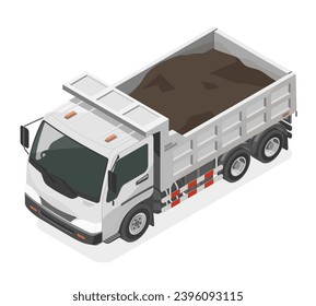 Construction dump truck pickup carry soil vehicle machinery white isometric isolated cartoon vector