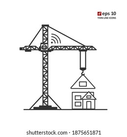 Construction and earth works - robots. Vector thin line icon on white background. Symbol for web, infographics, print design and mobile UX UI kit. Vector illustration, EPS10.