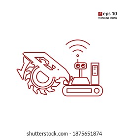 Construction and earth works - robots. Vector thin line icon on white background. Symbol for web, infographics, print design and mobile UX UI kit. Vector illustration, EPS10.