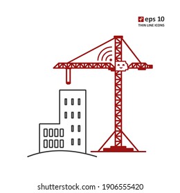 Construction and earth works - robots. Vector thin line icon on white background. Symbol for web, infographics, print design and mobile UX UI kit. Vector illustration, EPS10.