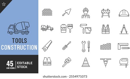 Construction Editable line icon set. Thin modern style vector illustration. repair tools, engineering, technology and more.