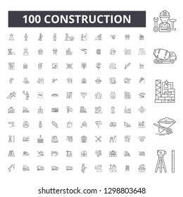 Construction editable line icons, 100 vector set, collection. Construction black outline illustrations, signs, symbols