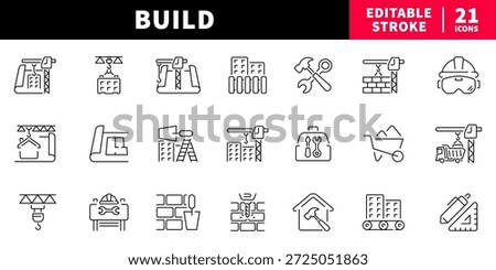 Construction editable line icons set: building, tools, linear design
