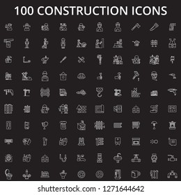 Construction editable line icons vector set on black background. Construction white outline illustrations, signs, symbols