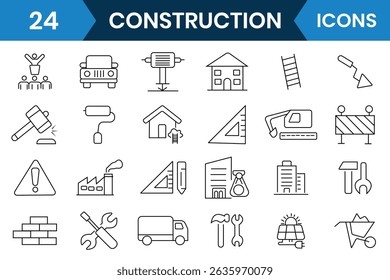 Construction editable line icons, vector. Construction icon set collection. Containing design, renovation architecture, engineer, blueprint and home repair tools. Vector illustration.
