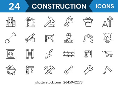 Construction editable line icons, vector. Construction icon vector set collection. Containing design, renovation architecture, engineer, blueprint and home repair tools. Vector illustration.