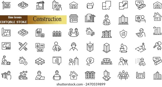 Construction editable stroke outline icons set. Construction, renovation architecture, engineer, building, blueprint and home repair tools