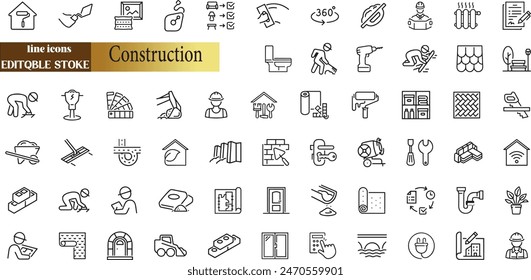 Construction editable stroke outline icons set. Construction, renovation architecture, engineer, building, blueprint and home repair tools