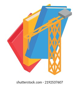 Construction education icon isometric vector. Building tower crane and book icon. Learning, studying, construction industry education