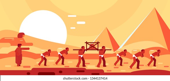 Construction Of Egyptian Pyramids. Slaves Move Blocks For Building. Vector Illustration