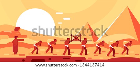 Construction of Egyptian pyramids. Slaves move blocks for building. Vector illustration