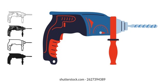 Construction electric drill icon symbol set. Modern repair tool for builder mechanic, plumber, carpentry service. Tool power drill construction sign professional stylized simple vector illustration