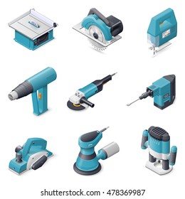 Construction Electric Tools Isometric Detailed Icon Set Vector Graphic Illustration