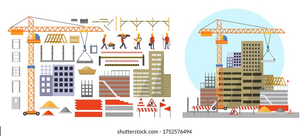 Construction elements and building process vector illustration. Crane with concrete slab window block doorway bricks barrier signs and builders flat cartoon style design. Isolated on white