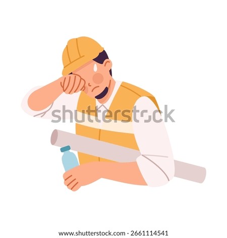 Construction employee overwhelmed by hot weather condition holding a bottle of water, outdoor worker dehydration risk. Flat vector illustration, cartoon style isolated on white background