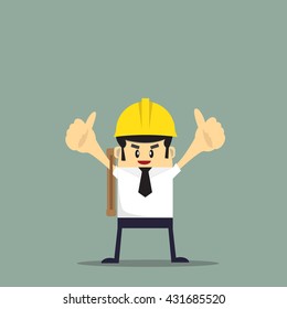 Construction. Engineer, architect, foreman at a construction site. Architect holding a project. on a construction site with thumb up. Flat icons vector illustration. 