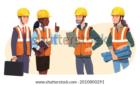 Construction engineer, architect supervisor, building project business employer, audit lawyer, government official meeting. Foreman in hard hat talking with client. Vector character illustration