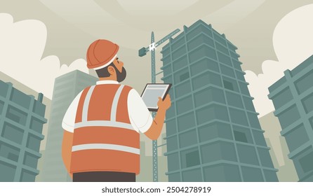 Bauingenieur oder Architekt mit Tablet in der Hand, der Inspektion auf der Baustelle vornimmt. Flache Vektorgrafik