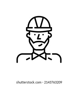 Ingeniero de construcción o arquitecto. Joven profesional usando un sombrero duro. Icono de trazo de píxeles perfecto, modificable
