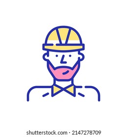 Construction engineer or architect. Young professional man wearing a hard hat. Pixel perfect, editable stroke fun color icon