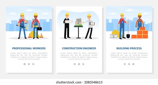 Construction Engineer and Civil Building with Man Builder Character in Yellow Hard Hat at Construction Site Vector Web Banner Template