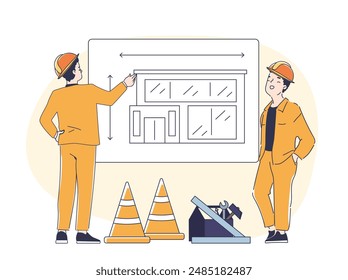 Construction engineer concept. Men in uniforms and safety helmets analyze buildings blueprint. Construction planning. Team of builders. Linear vector illustration isolated on white background