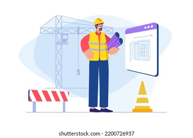 Construction engineer concept with people scene. Vector illustration