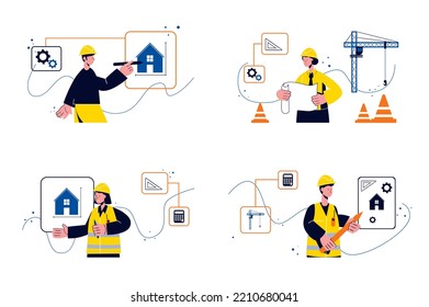 Construction engineer concept with people scenes in the flat cartoon design. Engineers develop blueprints and schematics for future buildings. Vector illustration.