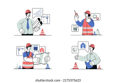 Construction engineer concept set in flat line design. Men and women in helmet working as architects and contractors, drawing building blueprints. Vector illustration with outline people scene for web