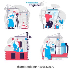 Construction engineer concept set. Surveyor, architect, builder and foreman work. People isolated scenes in flat design. Vector illustration for blogging, website, mobile app, promotional materials.