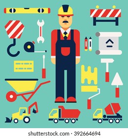 Construction. Engineer with construction elements. Flat illustrations.
