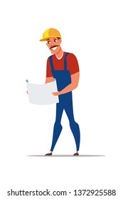 Construction engineer flat vector illustration. Young male foreman holding draft isolated clipart. Inspector, worker reading building plan. Builder cartoon character wearing protective equipment