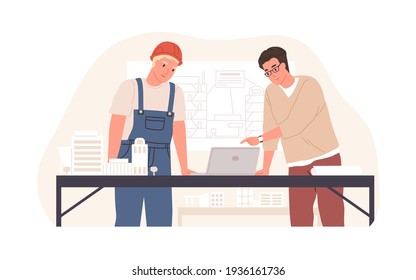 Ingeniero de la construcción y capataz en sombrero duro discutiendo y trabajando en el proyecto de construcción en mesa con laptop, diseños y dibujos. Ilustración vectorial plana coloreada aislada en fondo blanco