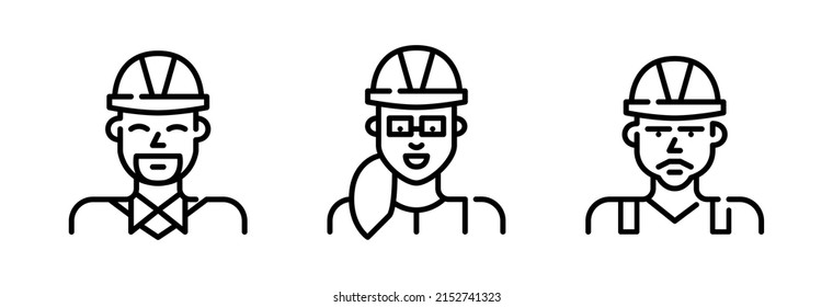 Construction engineer, foreman and worker wearing a hard hat. Pixel perfect, editable stroke line art icon