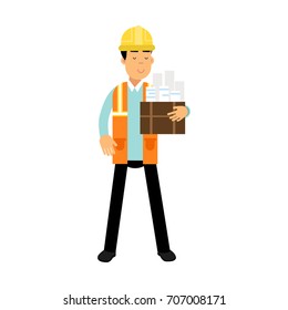 Construction engineer in hard hat and orange vest holding a box with building projects cartoon vector Illustration