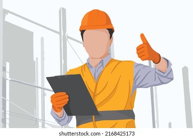 Construction Engineer Holding Hand board. Flat Design. Vector Image