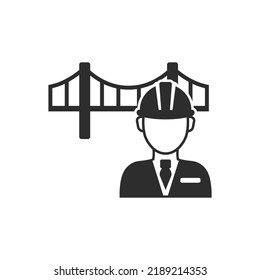 Icono de ingeniero de construcción. Hombre con el casco y el puente. Símbolo blanco y negro monocromo. Ilustración del vector